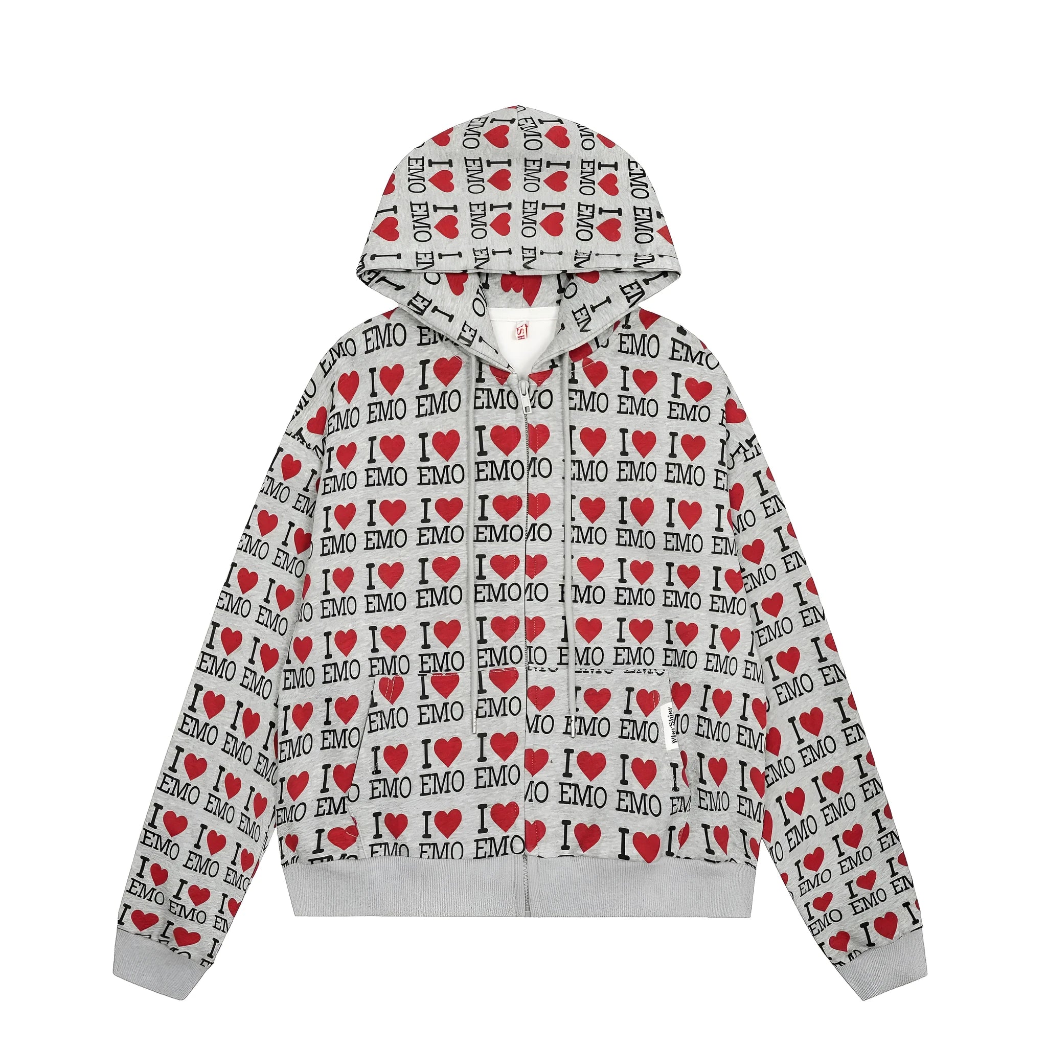 Women's grey mixed colour cotton hooded cardigan with a retro pattern and long sleeves.