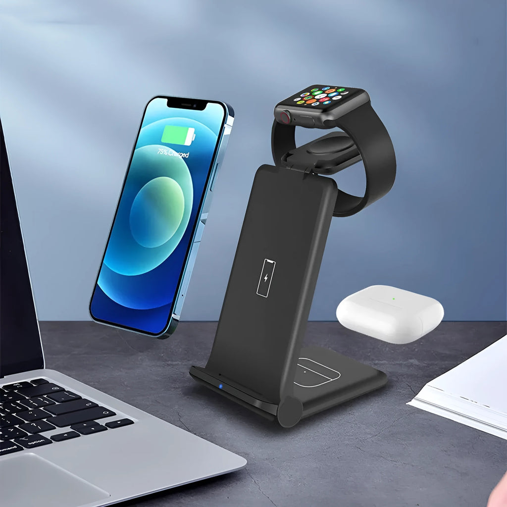 Black and white 3-in-1 wireless charging station for phone, watch, and earbuds on a desk.