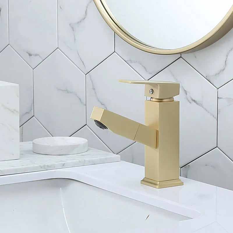 Nordic square pull brass faucet with brushed gold finish for sink installation