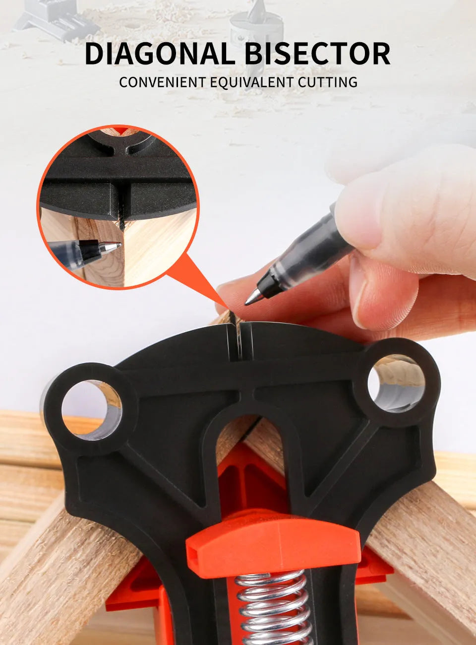 Set of four white plastic 90-degree right-angle clamps for picture frames on a workbench.