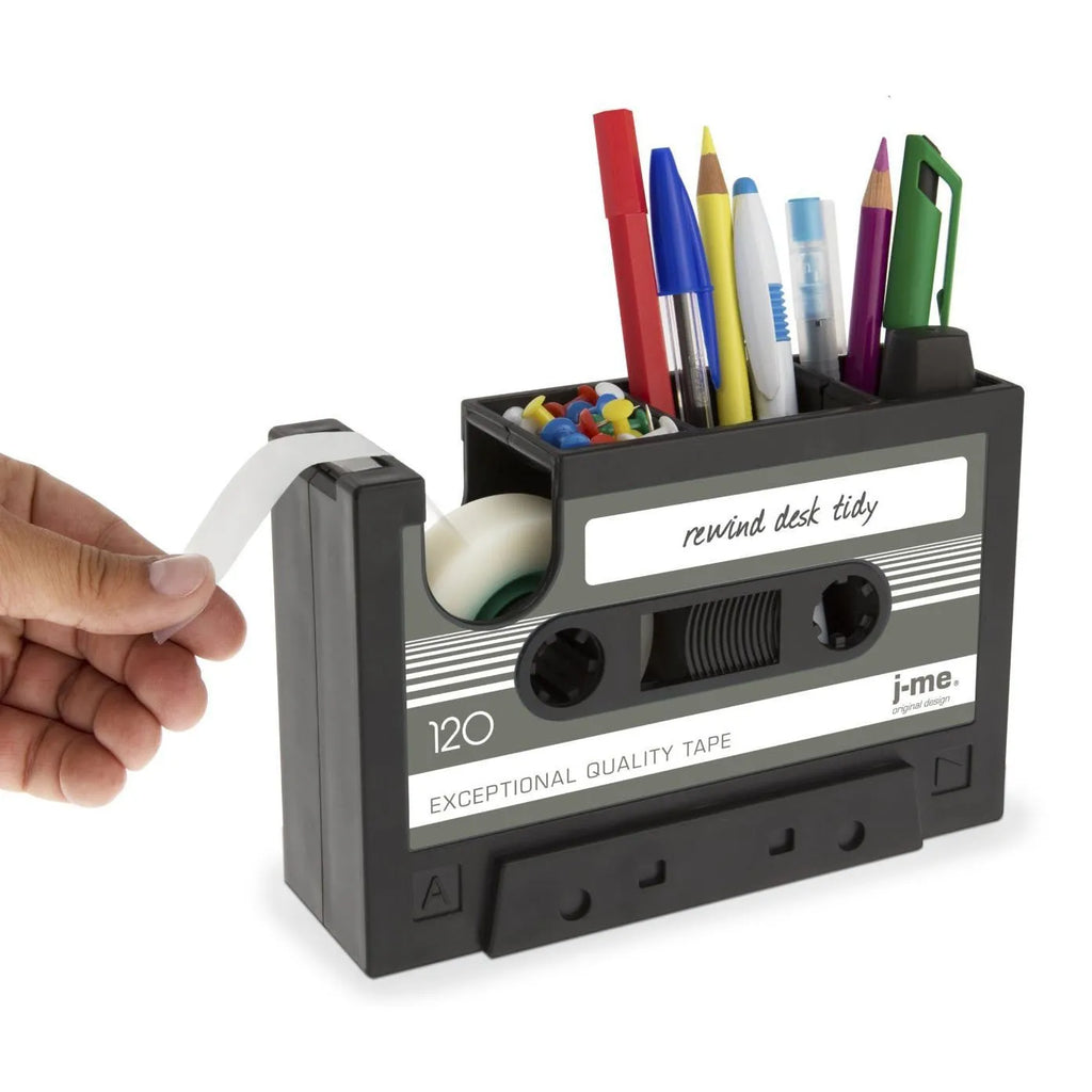Cassette tape dispenser pen holder in ABS and stainless steel, 17x5x11.5cm, shown in black or blue with small core tape