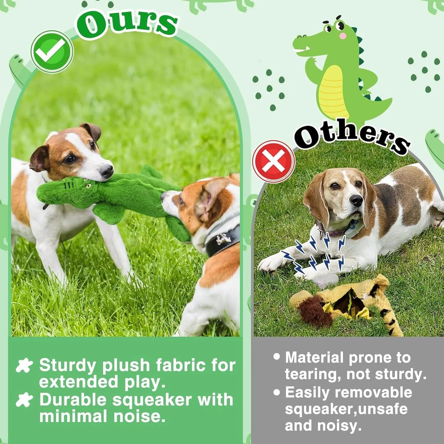 Green crocodile-shaped plush dog toy with no stuffing for safe chewing