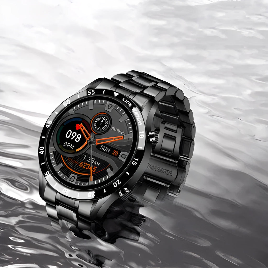 Smart watch with stainless steel wristband and 1.3-inch touchscreen display showing interface