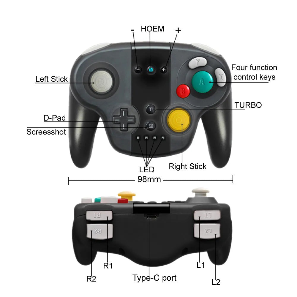 Black wireless Bluetooth gamepad with analogue sticks, D-pad, and face buttons for Nintendo Switch and PC.