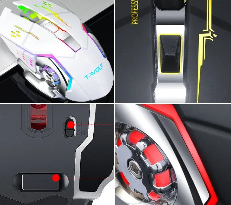 Black and white wireless mouse with USB charging port and silent click buttons