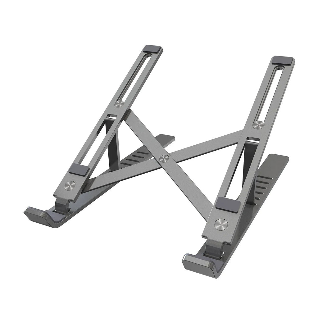 Silver aluminium laptop stand with six adjustable gear positions shown folded