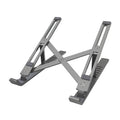 Silver aluminium laptop stand with six adjustable gear positions shown folded