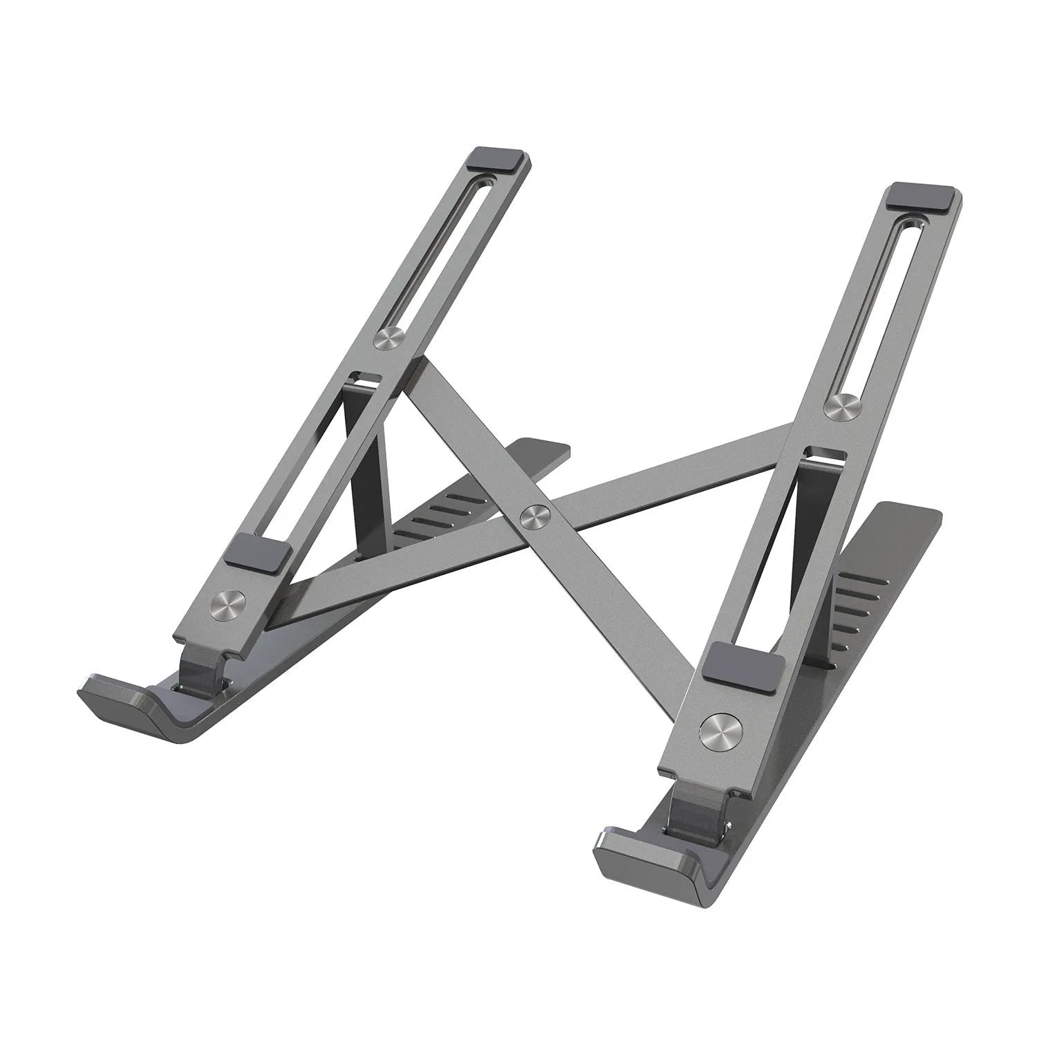 Silver aluminium laptop stand with six adjustable gear positions shown folded