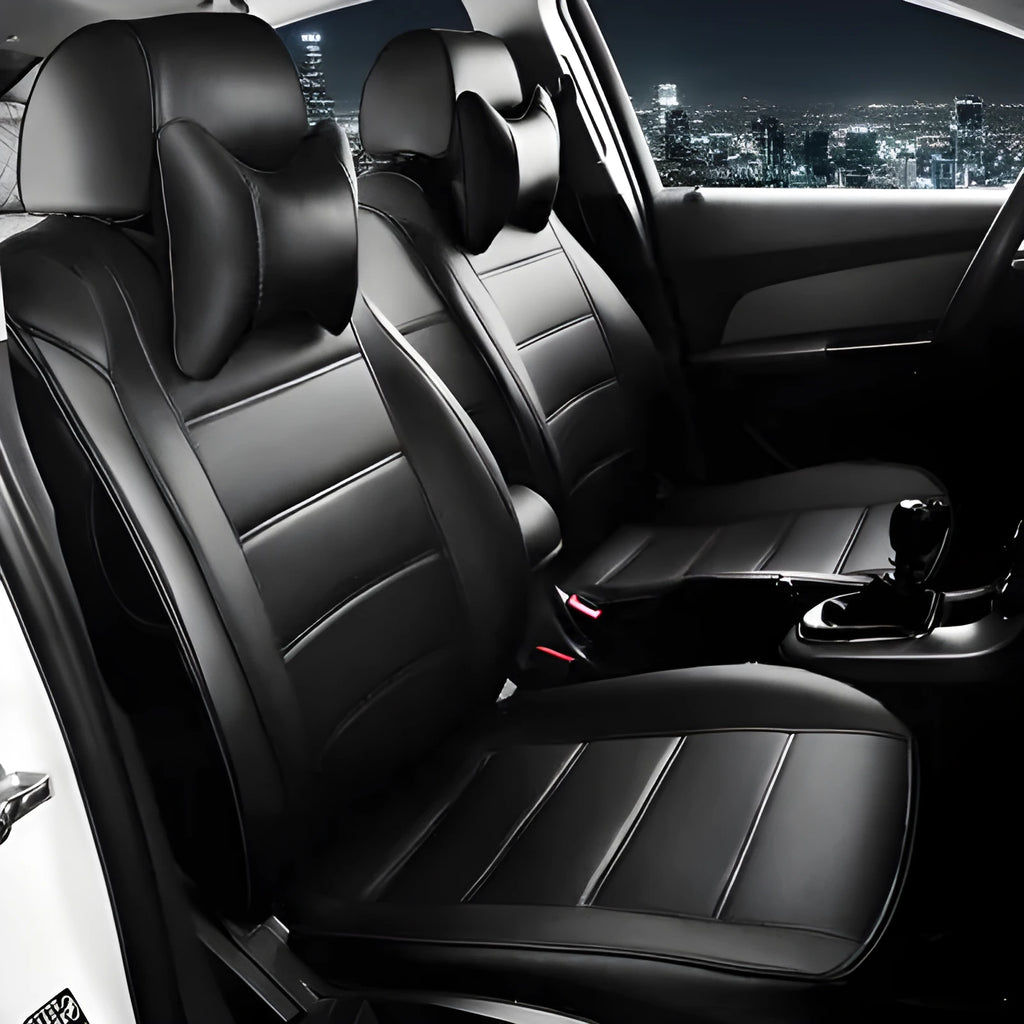 Universal fit car seat cover made from cow leather in a choice of four colours including beige and black with red line.