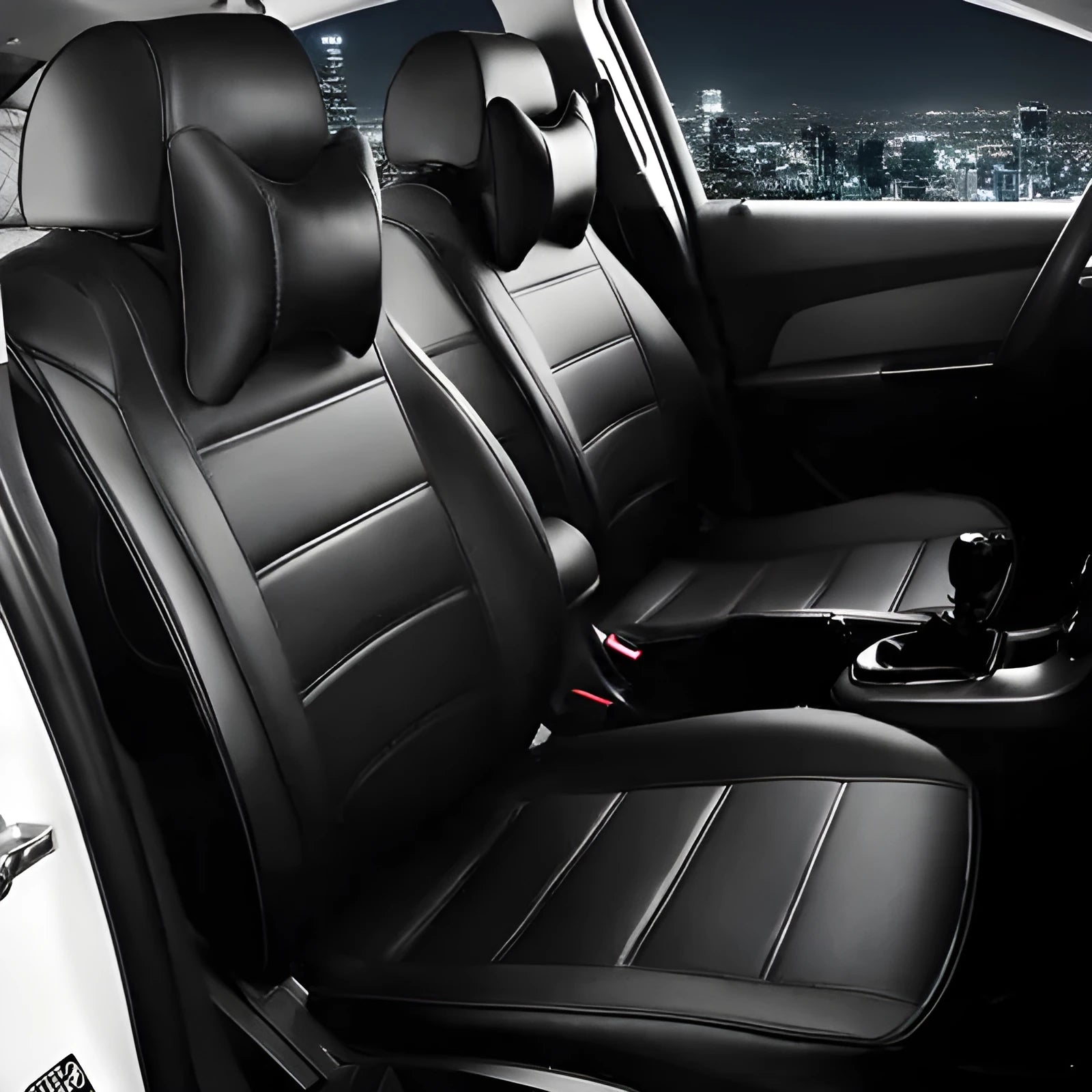 Universal fit car seat cover made from cow leather in a choice of four colours including beige and black with red line.