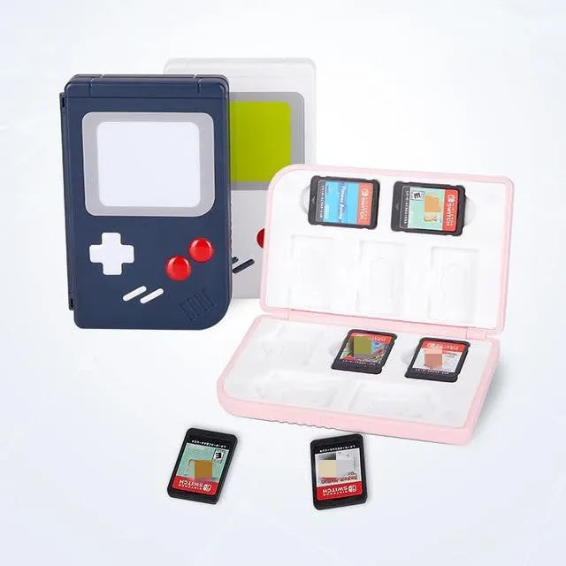 Nintendo Switch game card storage box in blue, pink or white, showing compact size