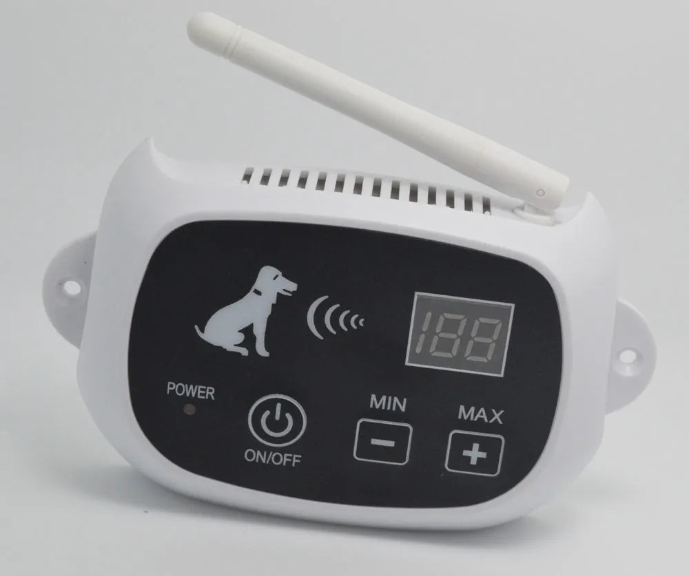 Wireless electronic dog fence with receiver collar, 500 metre range, shown in white or black.