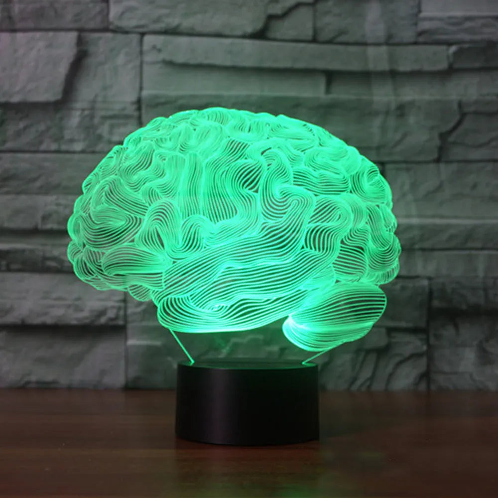 Brain-shaped 3D LED acrylic desk lamp with remote control showing colour-changing illumination