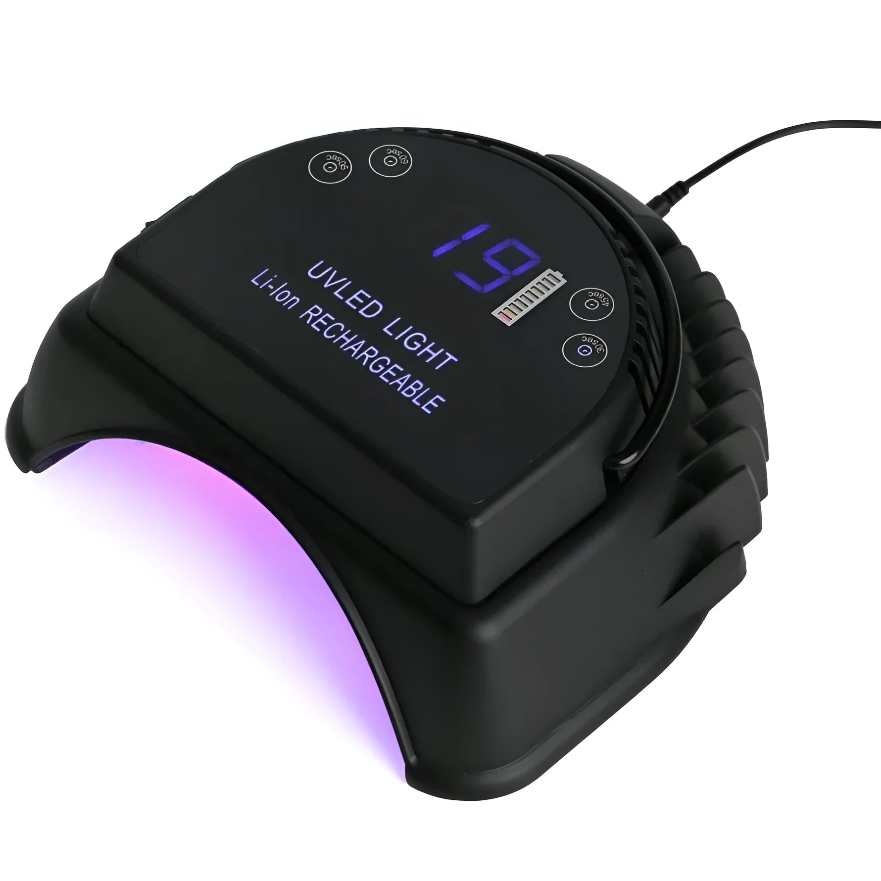 Rechargeable 64W LED nail lamp in black with dual light source and lithium battery