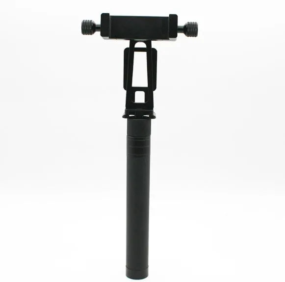 Black retractable aluminium selfie stick extended to 1.2m with a smartphone attached and a Bluetooth remote.