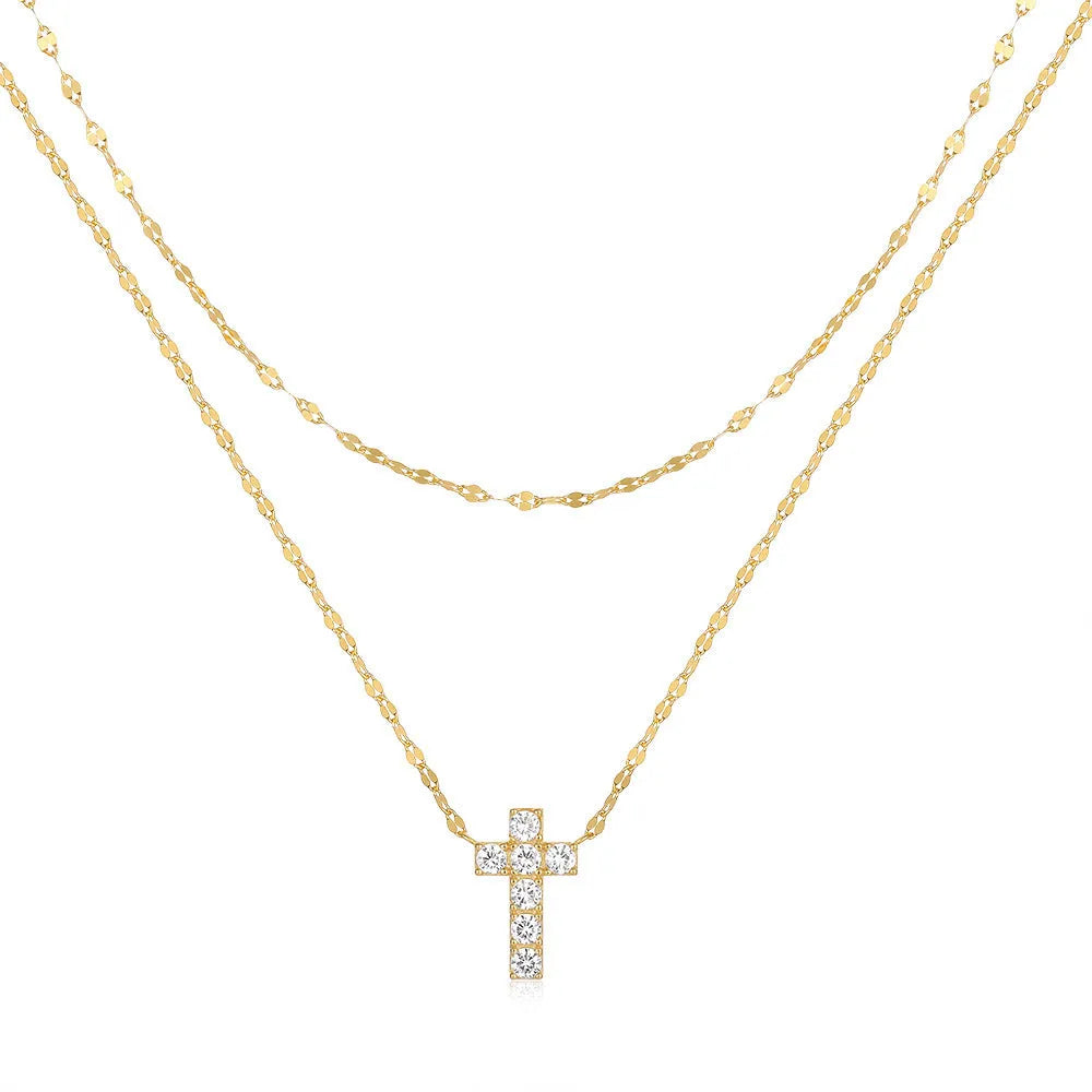 S925 sterling silver double layer twin diamond cross pendant necklace on adjustable chain