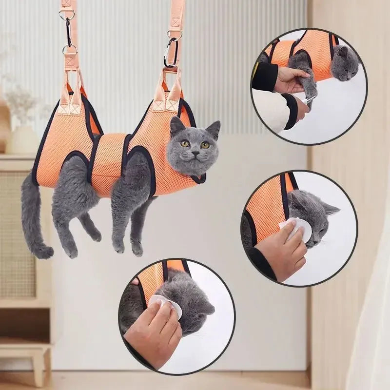 Cat grooming restraint bag in three sizes with adjustable neck closure for bath and nail trimming