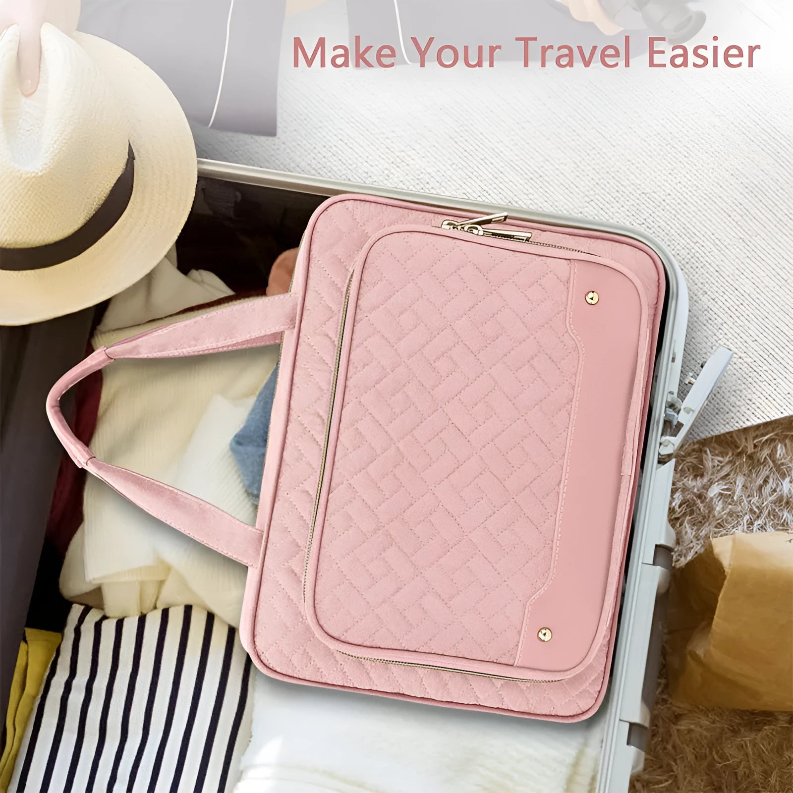 Pink waterproof hanging cosmetic bag with dimensions 30.5 cm wide shown suspended from a hook