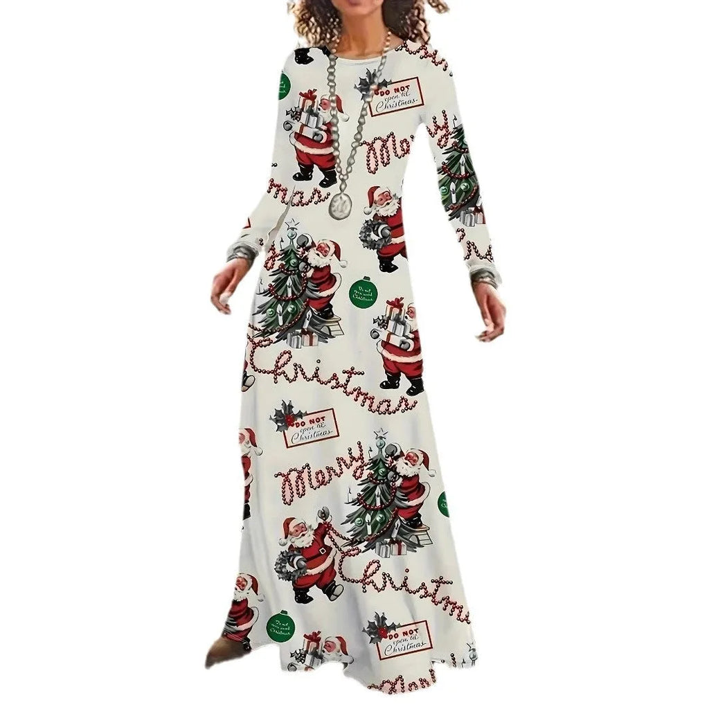 Santa Claus printed long sleeve polyester dress in beige with leather stitching details
