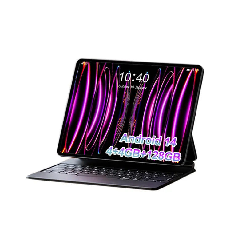 10-inch Android tablet in bare metal blue with screen displaying interface, includes accessories