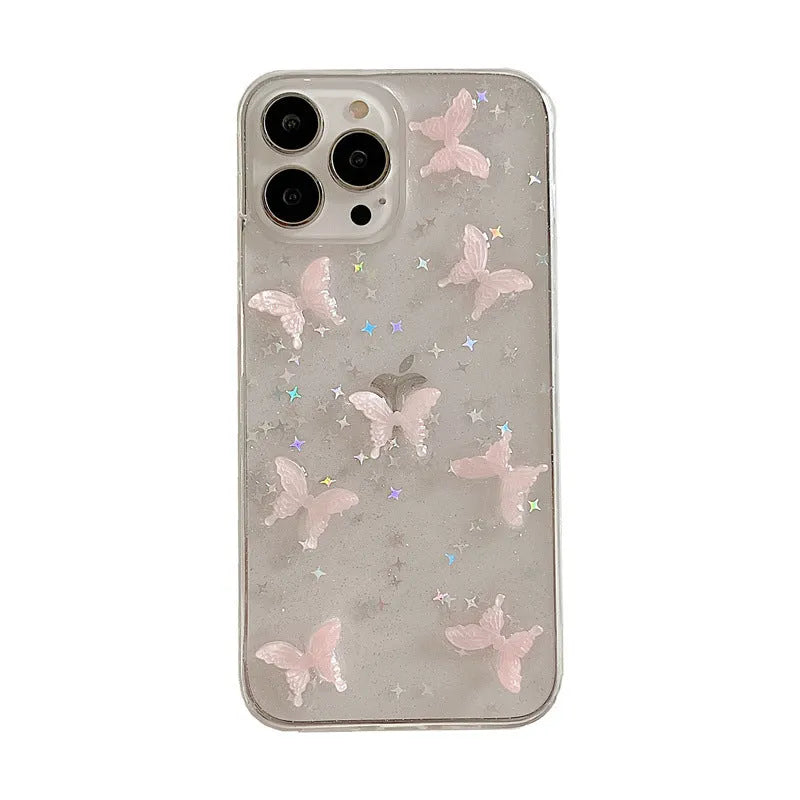 Transparent TPU iPhone 13 Pro Max case with three-dimensional dream pink butterfly back cover