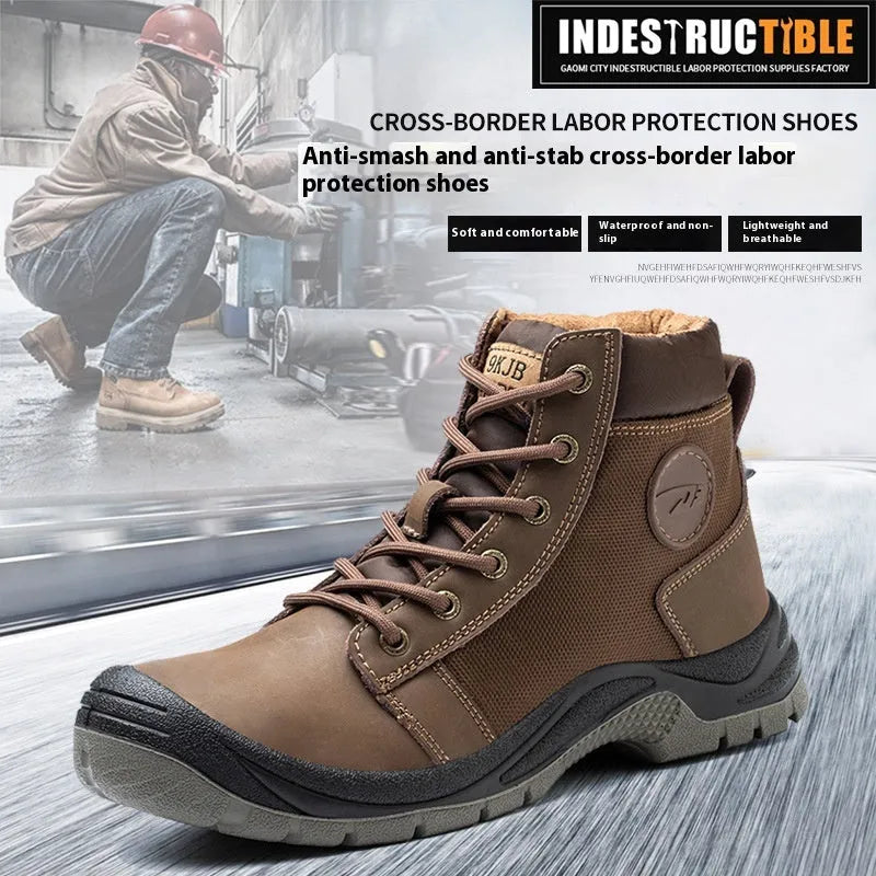 Orange leather labour protection shoes with anti-smashing features and rubber sole