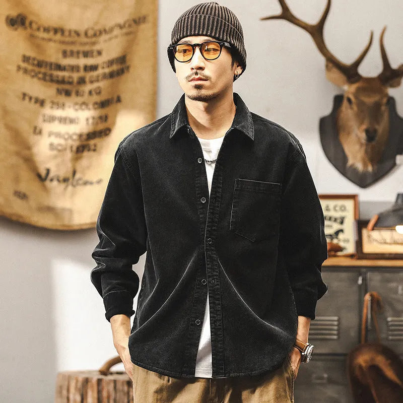 Men's retro corduroy casual shirt jacket in loose fit with long sleeves available in red and black colours