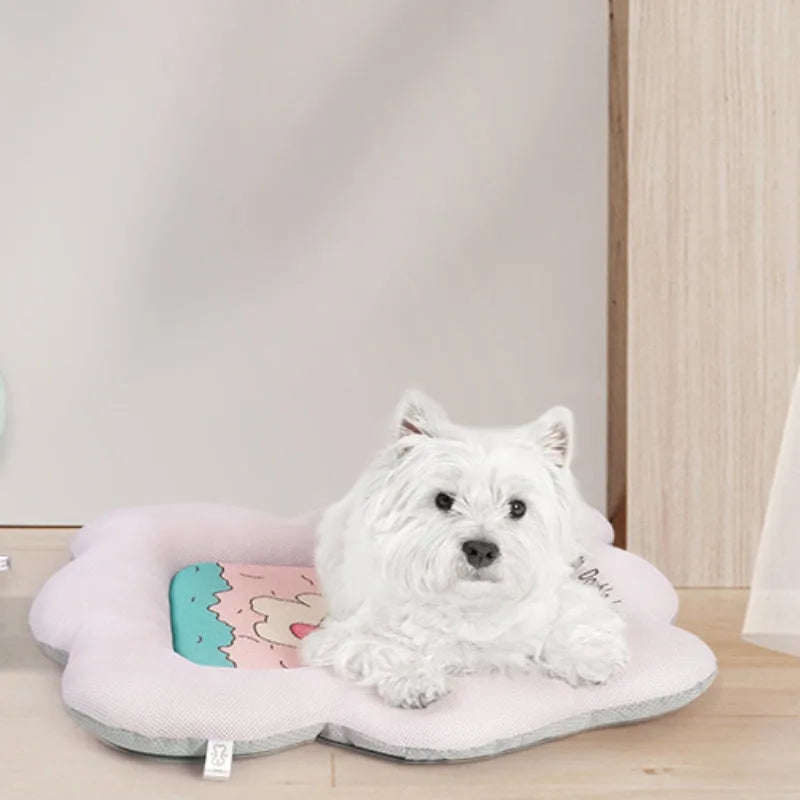 Ice silk pet cooling mat in green colour showing size options for dogs and cats