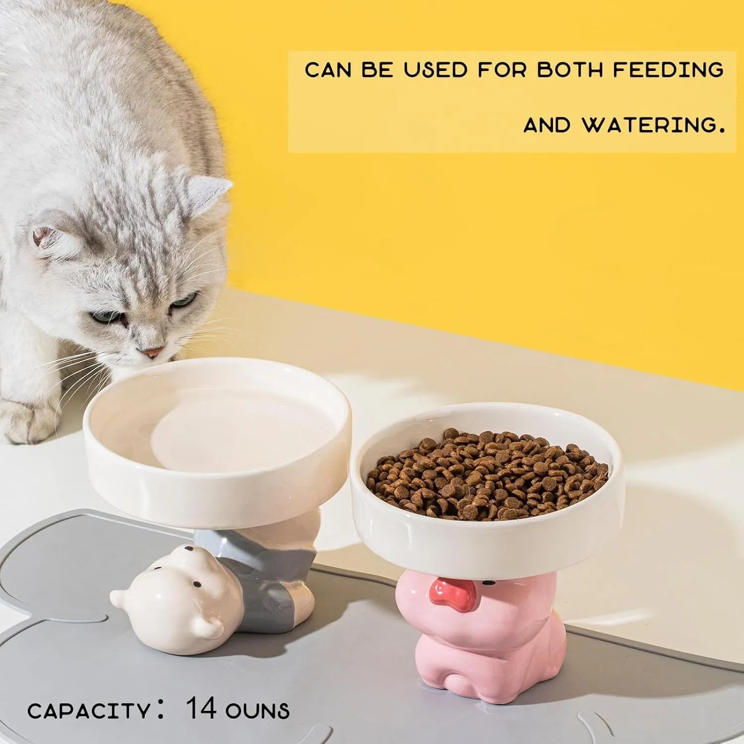 Ceramic raised cat bowl with animal design, showing elevated height and wide feeding opening