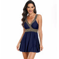 Women's V-neck printed swimsuit cover-up dress in a summer colour on a beach background.