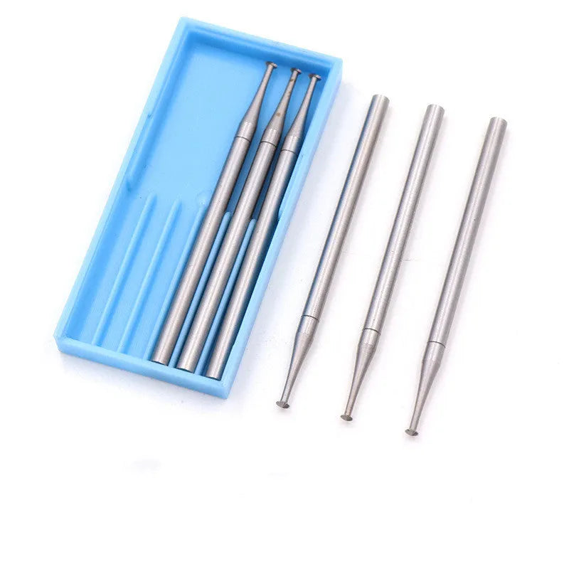 Set of six blue tungsten steel carving cutter grinding heads with thin disc needle profiles for micro-inlay work.