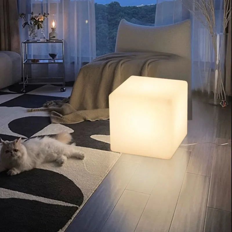 Square LED cube light with modern design in multiple sizes with solar panel or rechargeable options