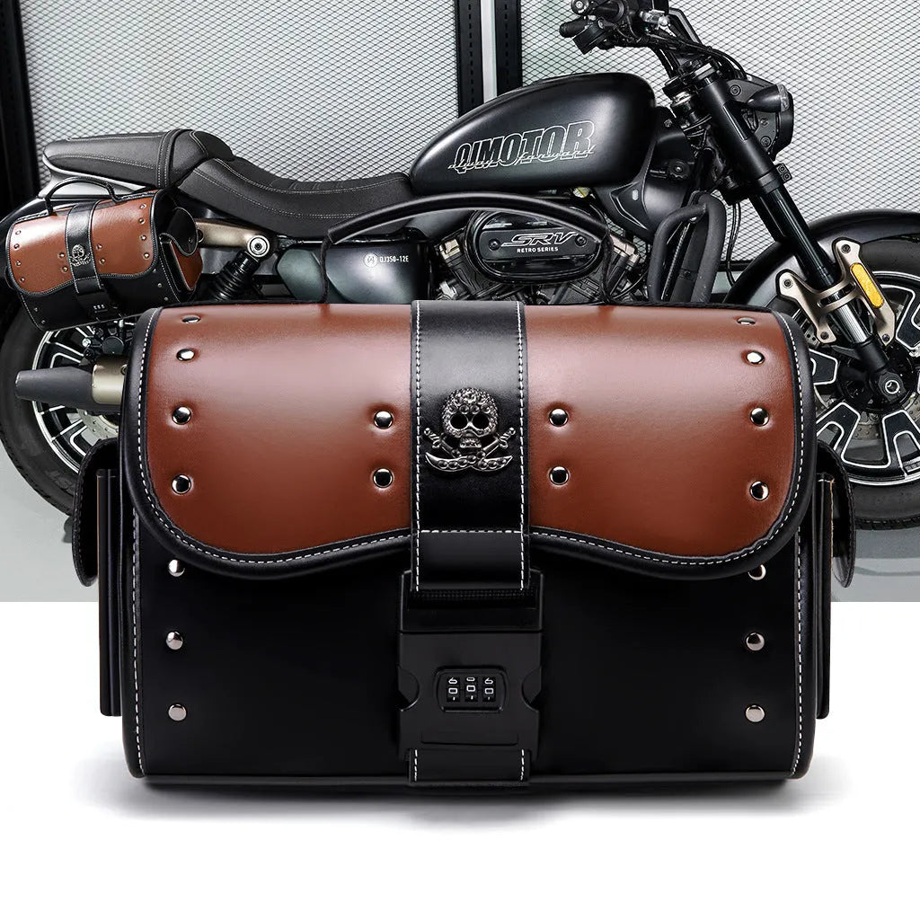 PU leather motorcycle front bag with colour contrast patchwork design mounted on handlebars