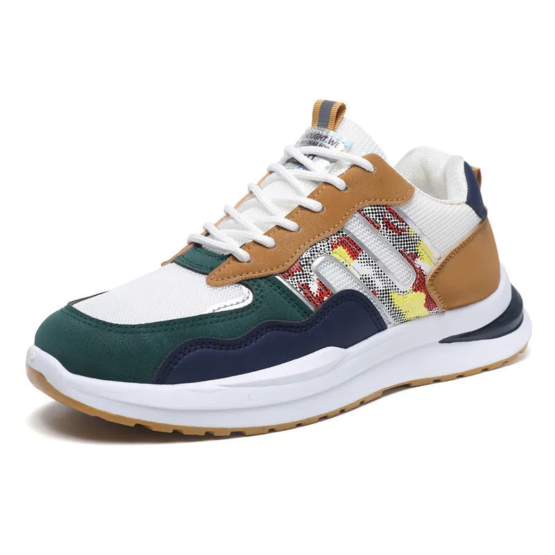 Men's white-green and black mesh casual sports shoes with shallow cut and leather toe holder
