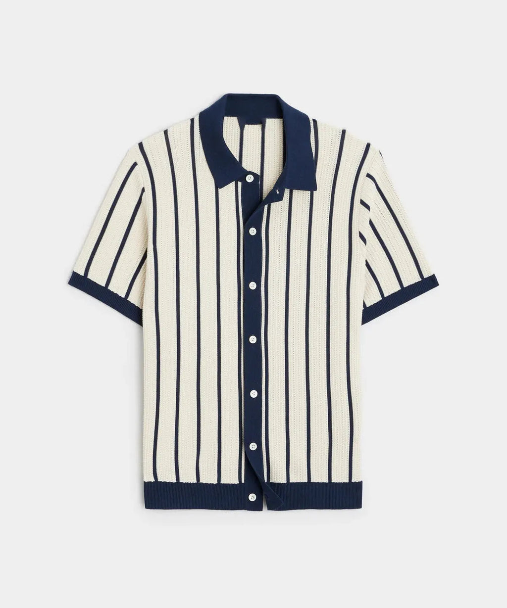 Men's white asymmetric lapel short sleeve knitted shirt with stripe pattern