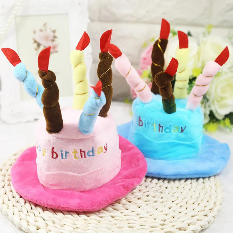 Blue adjustable dog birthday hat on small dog with measurements showing 21cm length 15cm width
