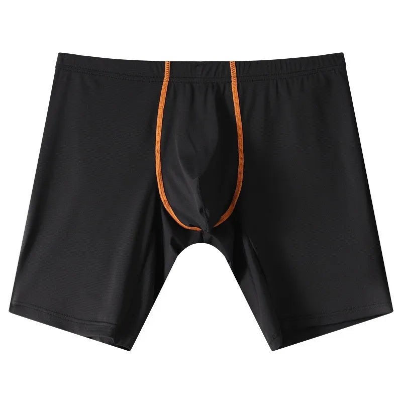 Men's mid-waist nylon boxer shorts in light green with a U-convex pouch, laid flat.