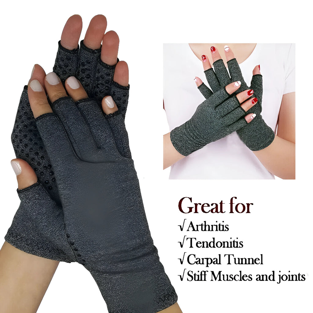 Grey half-finger compression gloves with anti-slip silicone grip strips on palms