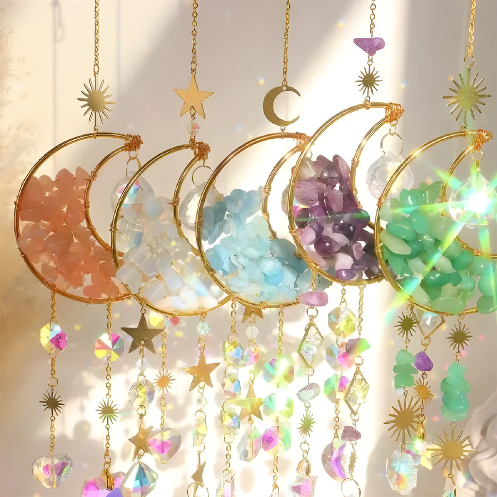 K9 crystal moon-shaped car pendant on a long cable for rear-view mirrors, shown in blue colour.
