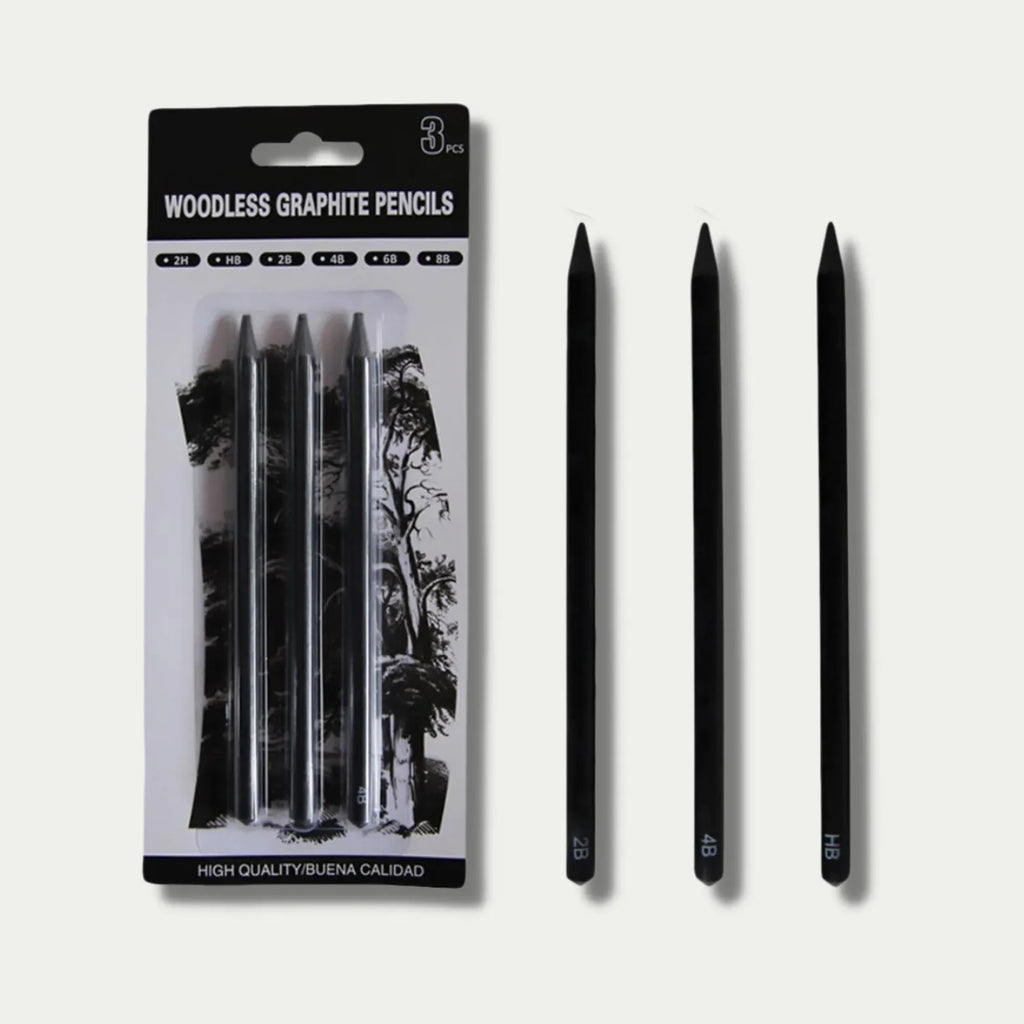 Six wood-free graphite sketching pencils showing different hardness grades HB 2B 4B 6B 8B EE