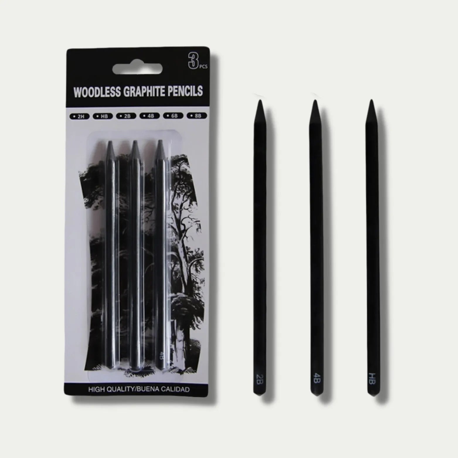 Six wood-free graphite sketching pencils showing different hardness grades HB 2B 4B 6B 8B EE