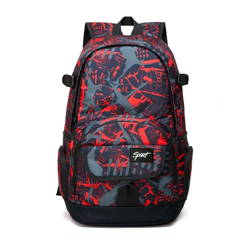 A classic blue or red nylon backpack with a large main compartment and multiple organiser pockets.