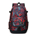 A classic blue or red nylon backpack with a large main compartment and multiple organiser pockets.