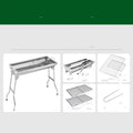 Large stainless steel portable folding barbecue oven with grill, shown unfolded for use.