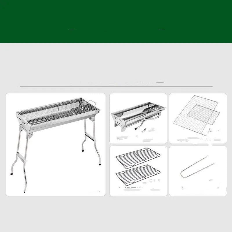 Large stainless steel portable folding barbecue oven with grill, shown unfolded for use.