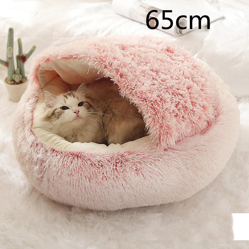 2 in 1 round plush pet bed with PP cotton filling for dogs and cats, available in brown, 65cm size