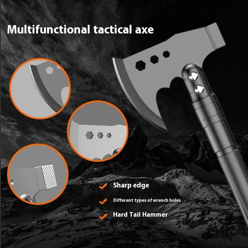 Black military shovel set with axe, knife, attack cone, whistle and lighter accessories