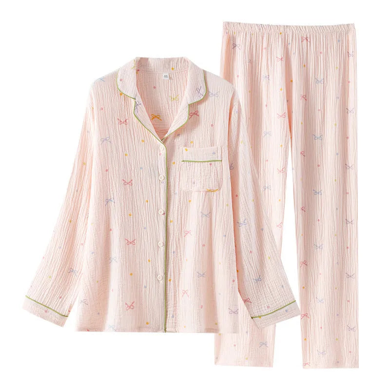 Women's cotton pajama set in pink or beige with long sleeves and matching trousers
