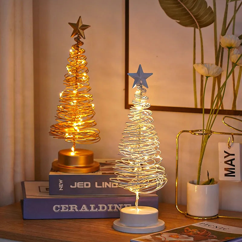 Metal LED spiral Christmas tree table ornament with warm white lights