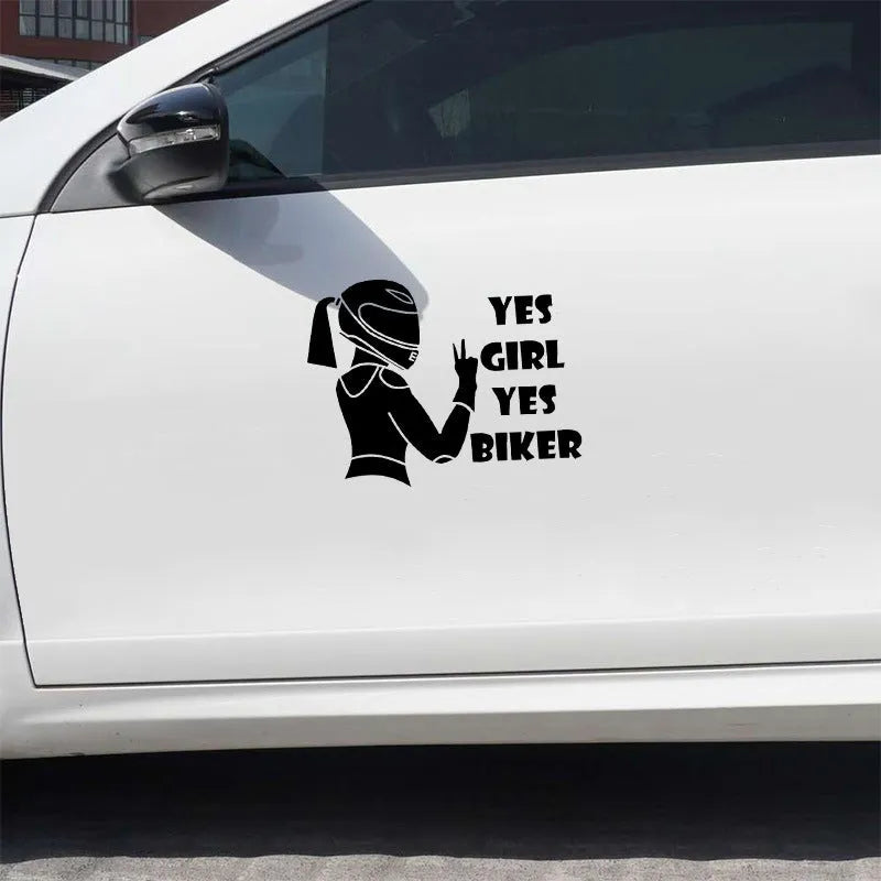Cool Girl Rider motorcycle character waterproof sticker, 16cm by 15cm, on a car surface.
